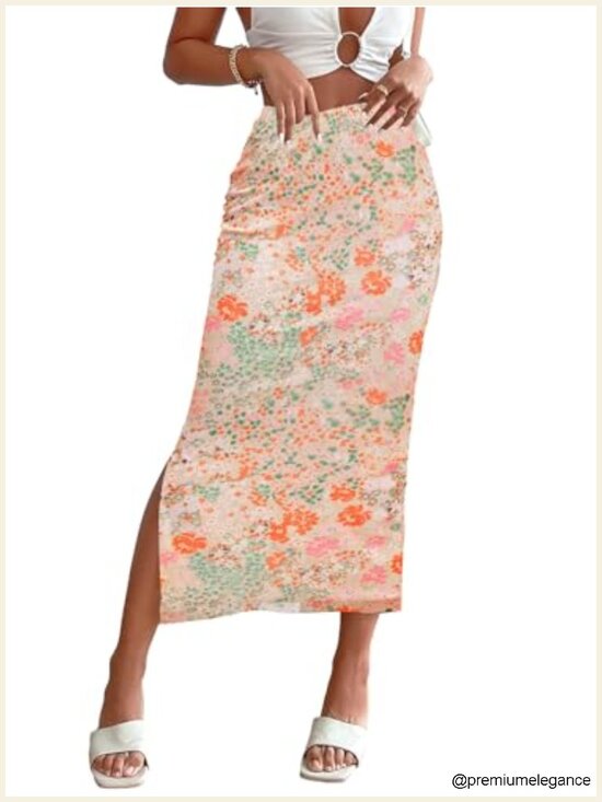 Dresses & Skirts - Women's Floral Mesh Midi Skirt High Waisted Split Boho Summer